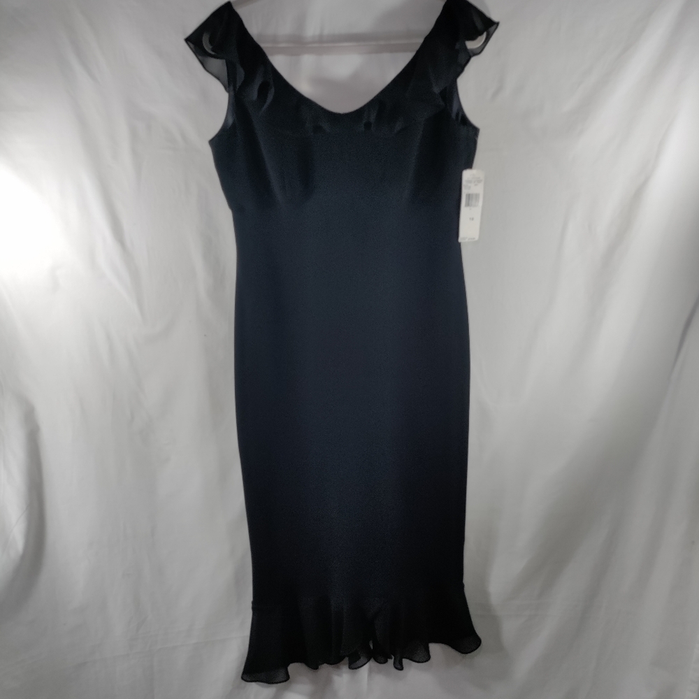 New Jones Wear Cocktail Party Dress 10 Black Chiffon Sleeveless Midi Sheath